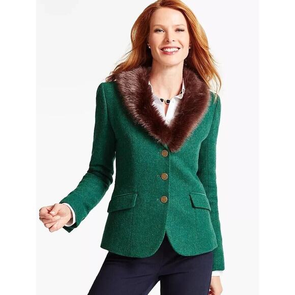 Talbots Aberdeen Womens Green Faux Fur Collar Shetland Wool Blazer Jacket Size 6 - Picture 1 of 13